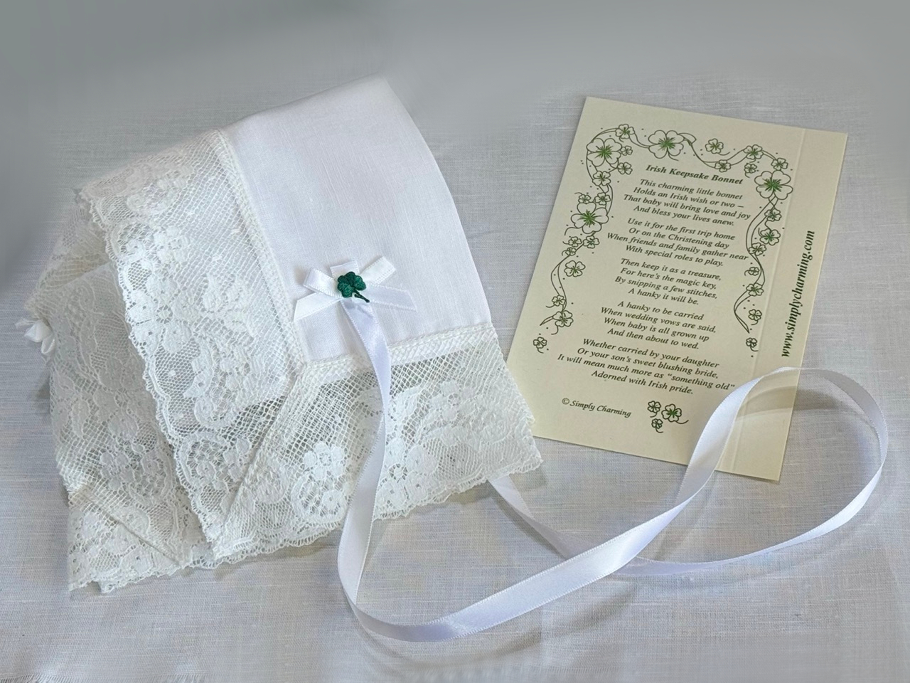 Linen Keepsake Bonnet w/ Shamrocks